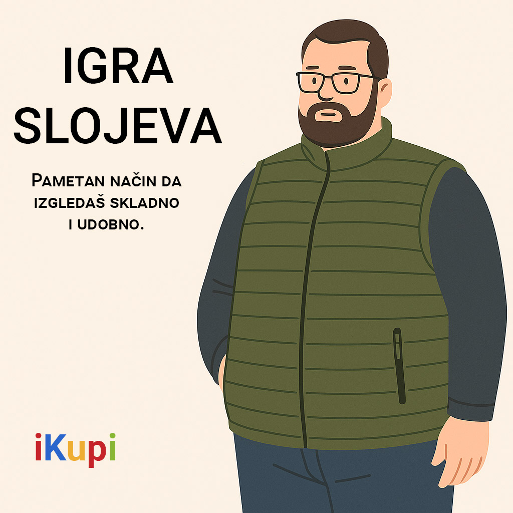Slojevito oblačenje za krupnije muškarce – kombinacija duks, prsluk i farmerke, primer plus size stila za jesen i zimu.