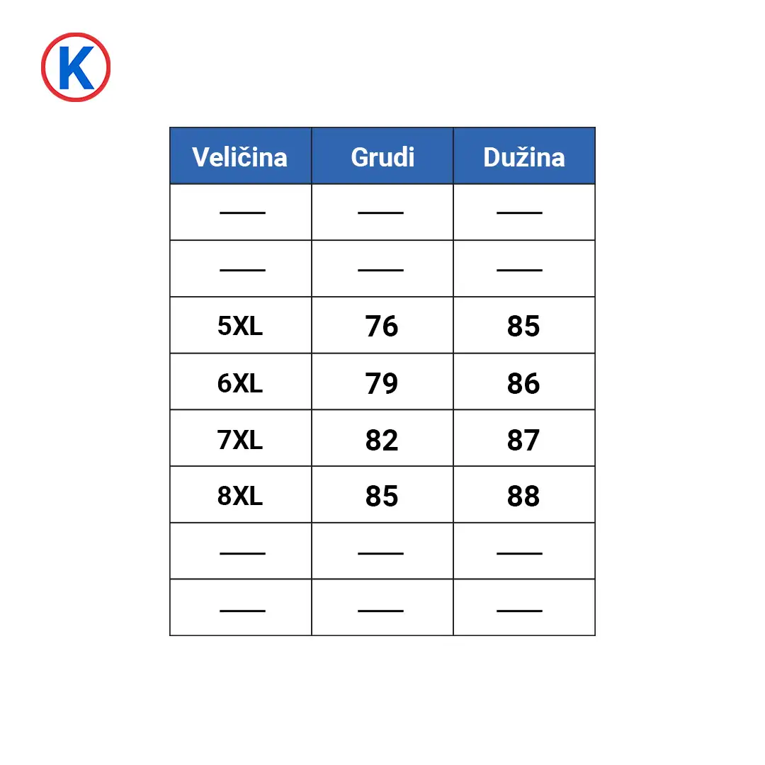 Tabela dimenzija prsluka MocGrande