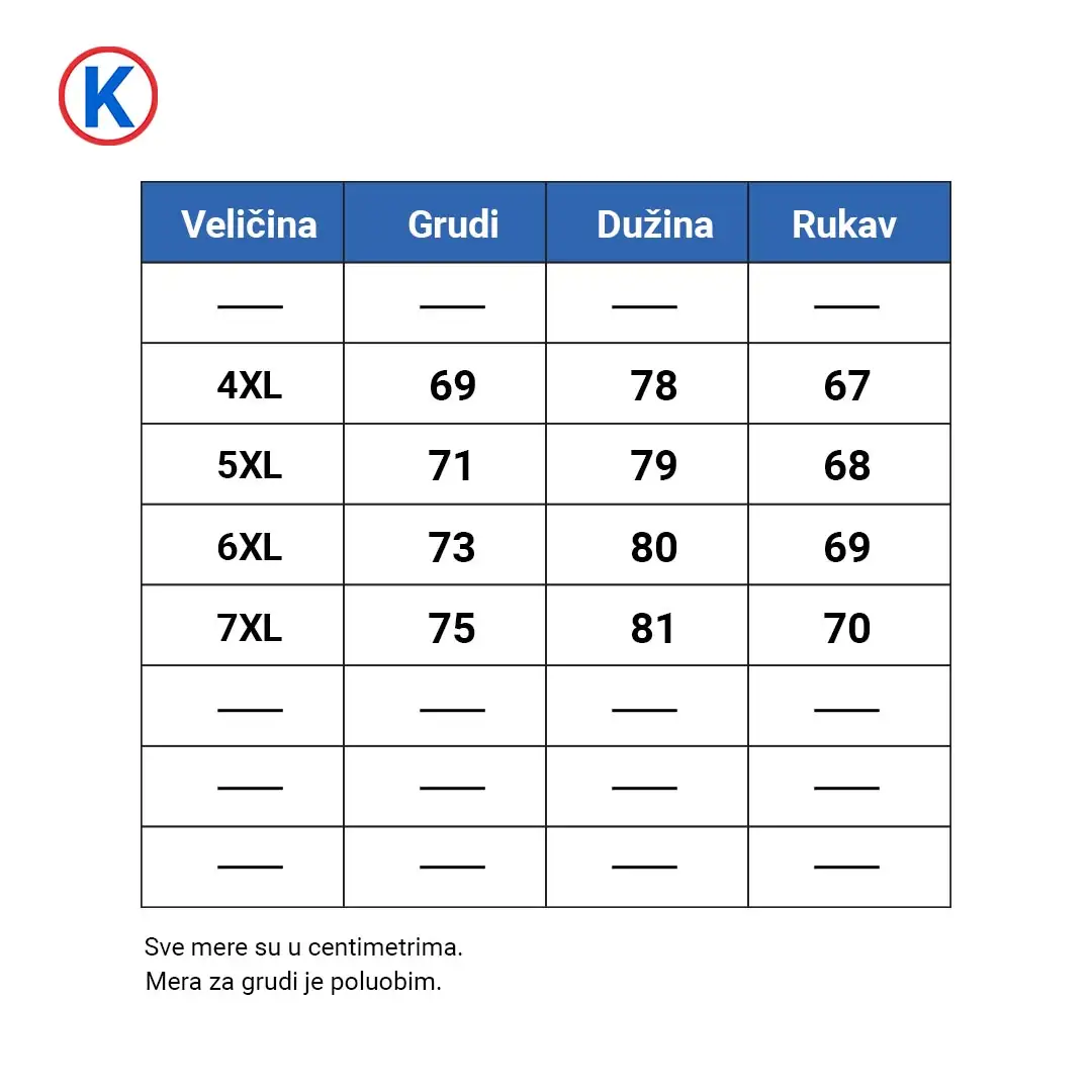 SURCO dukserice sa aplikacijom - tabela veličina