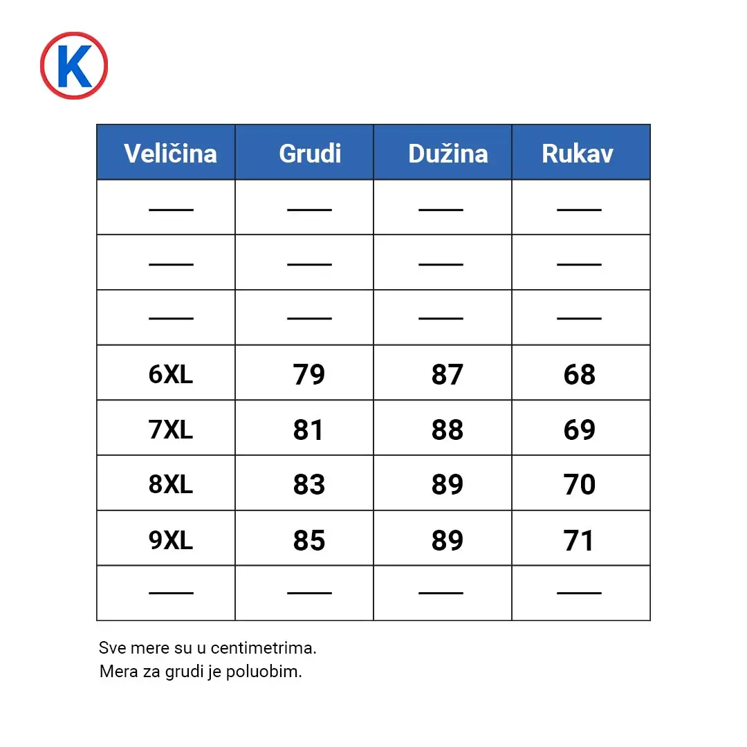 Tabela sa dimenzijama za košulje SURCO