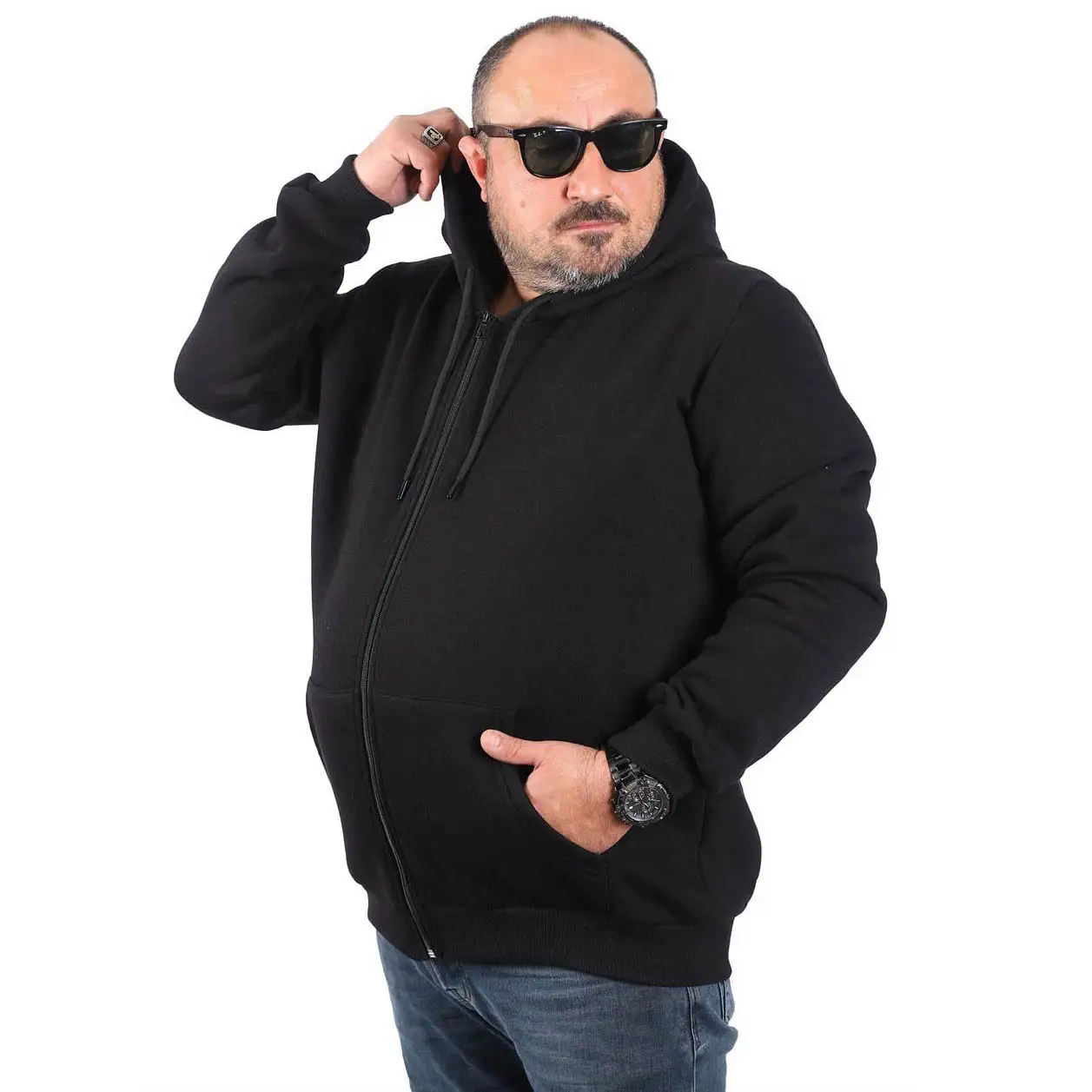 MocGrande dukserica Basic sa rajfešlusom i kapuljačom - crna