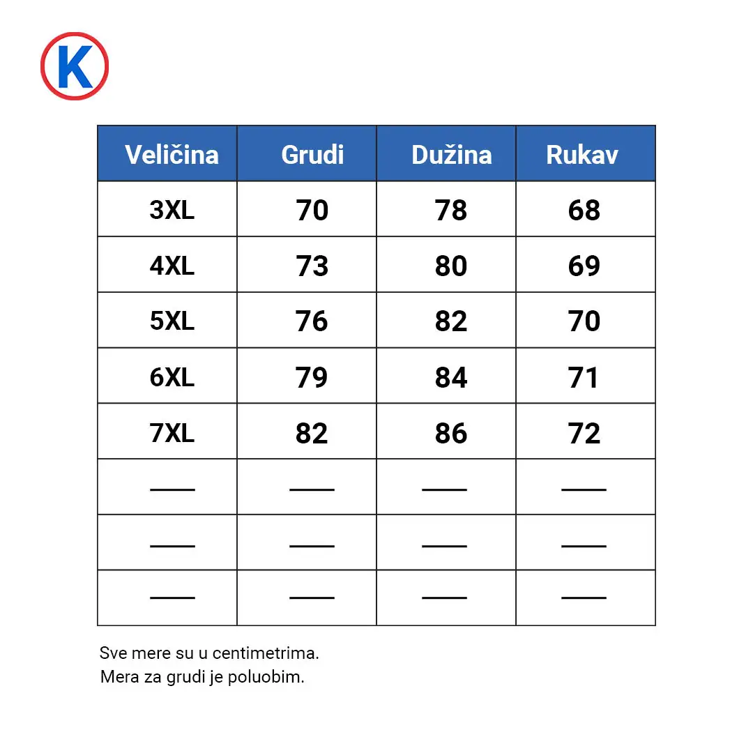 Džemper ModeXL tabela sa dimenzijama