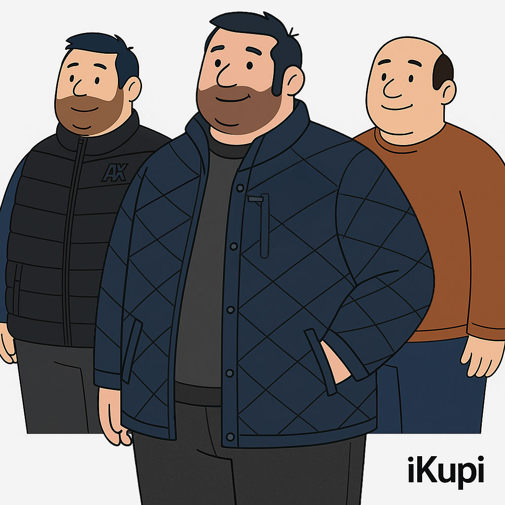 Tri plus size muškarca u različitim kombinacijama tamnih boja – crni prsluk, teget jakna i tamne pantalone – iKupi garderoba velikih veličina