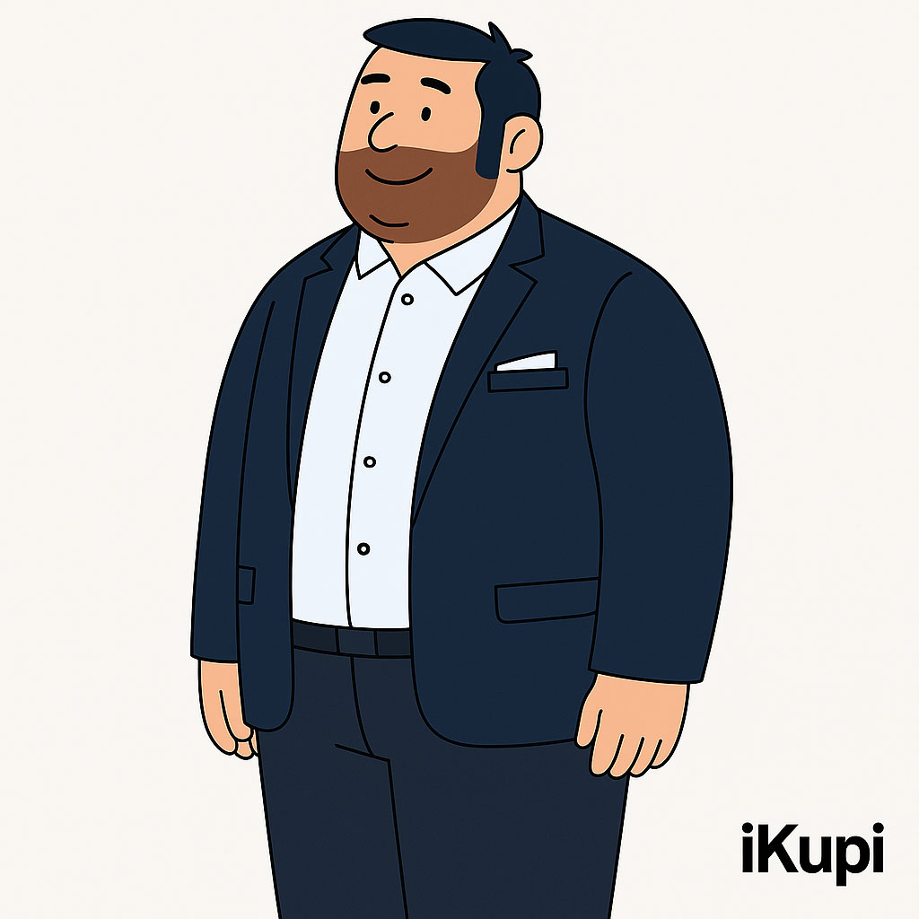 Svečani stil za krupne muškarce – bela košulja sa džepom, teget pantalone i sako