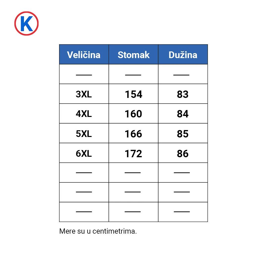 Tabela veličina za prsluk ANNEX 3XL–6XL, obimi od 154 do 172 cm, dužine od 83 do 86 cm