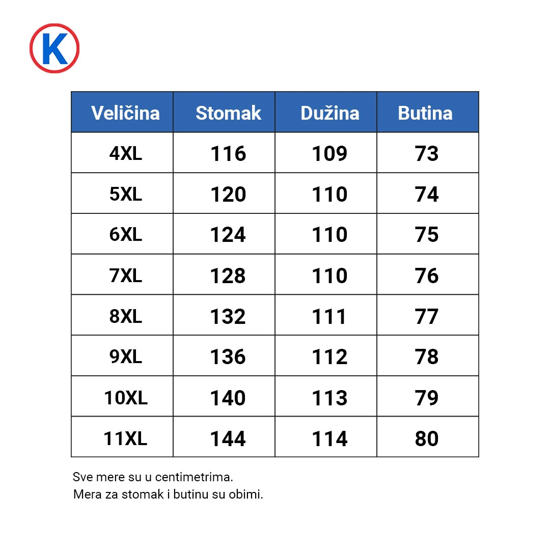 Tabela sa veličinama i dimenzijama za džeparice od gabardina turskog brenda modexl