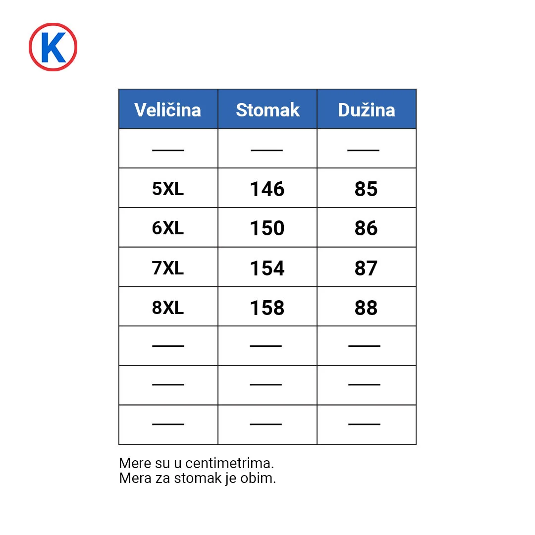Tabela sa dimenzijama za debelu zimsku jaknu brenda Mocgrande u veličinama 5XL, 6XL, 7XL, 8XL