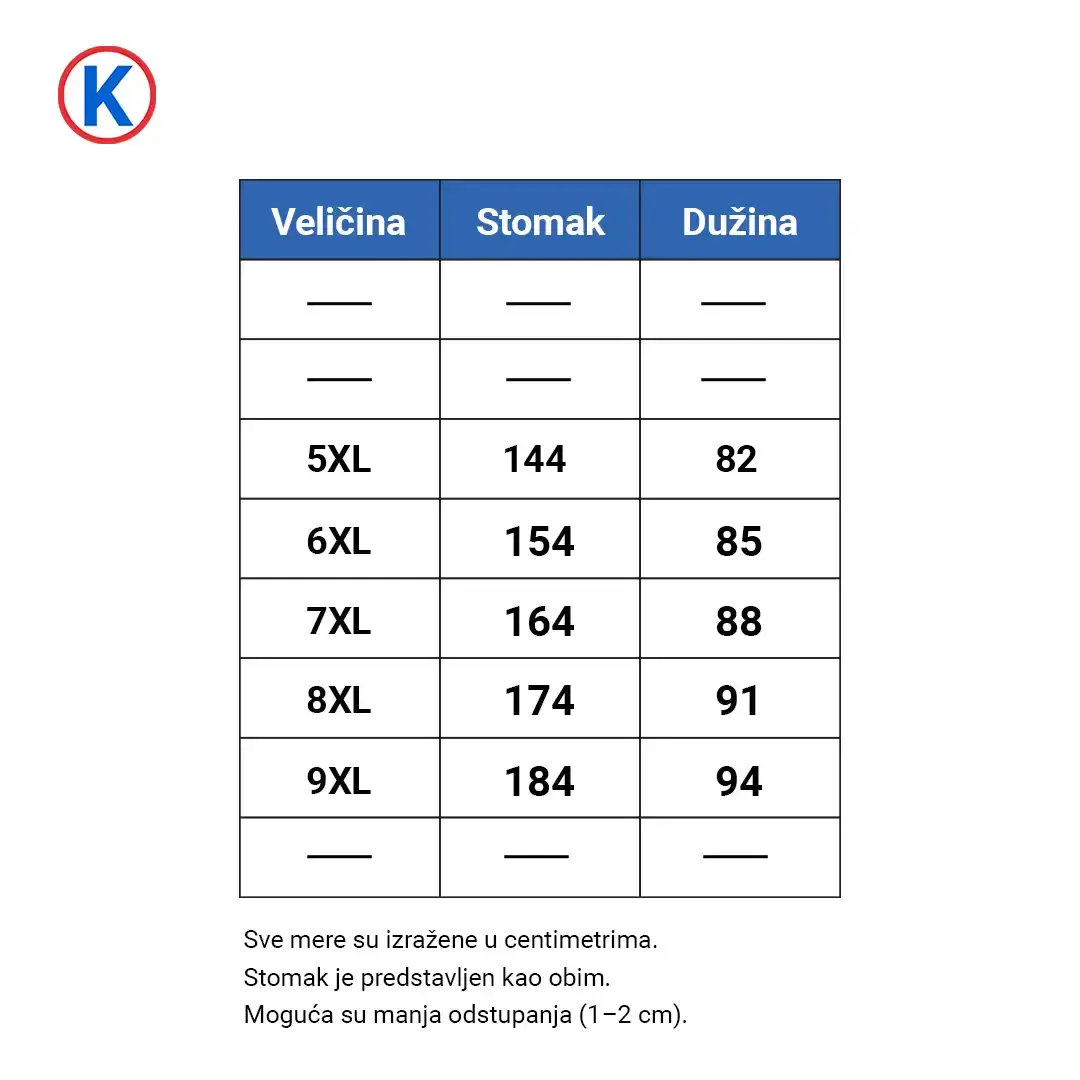 Tabela dimenzija RedZone atlet majice velikih brojeva 5XL, 6XL, 7XL, 8XL i 9XL.