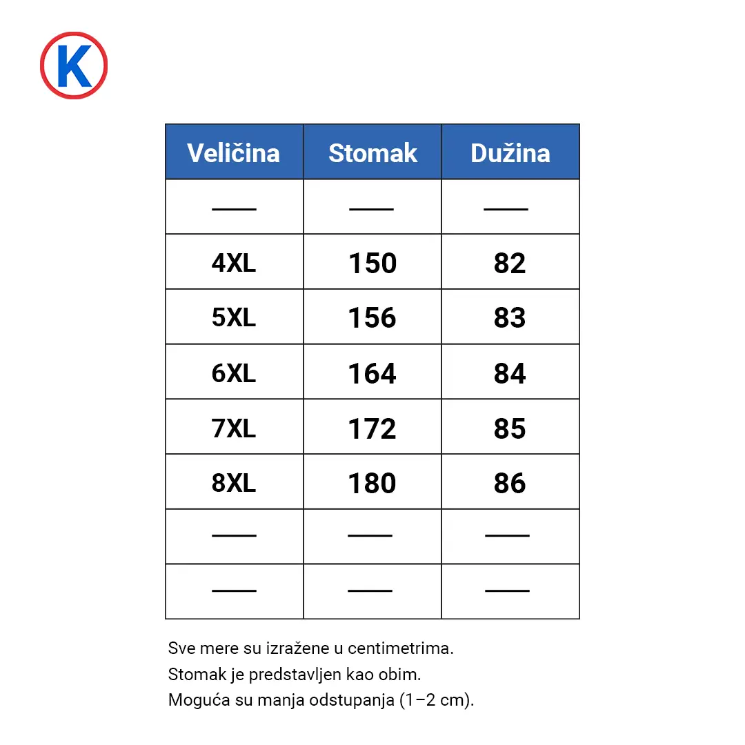 tabela veličina pamučni tanki elastični duksevi 4XL-8XL dimenzije