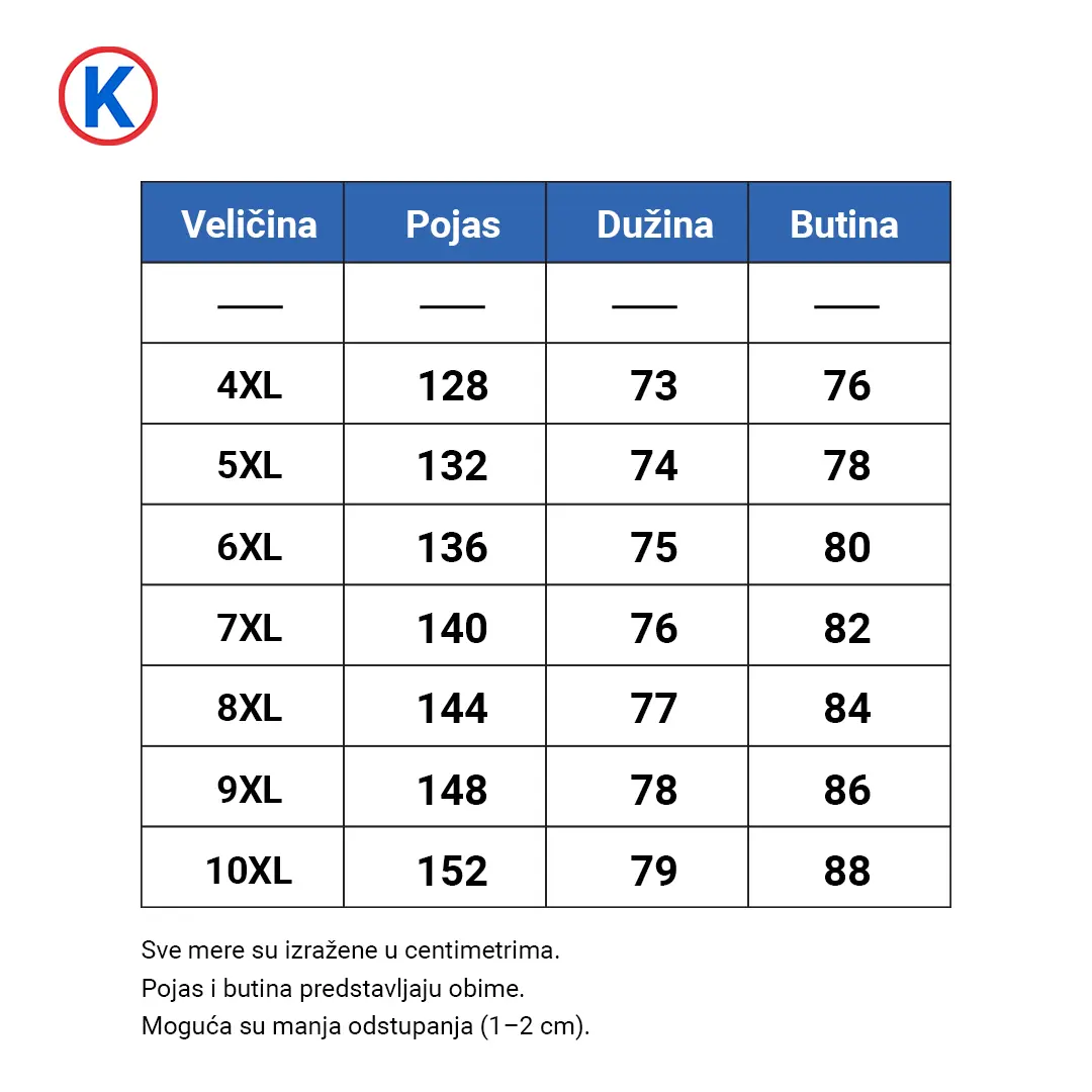 tabela veličina bermude džeparice 4XL 10XL mere
